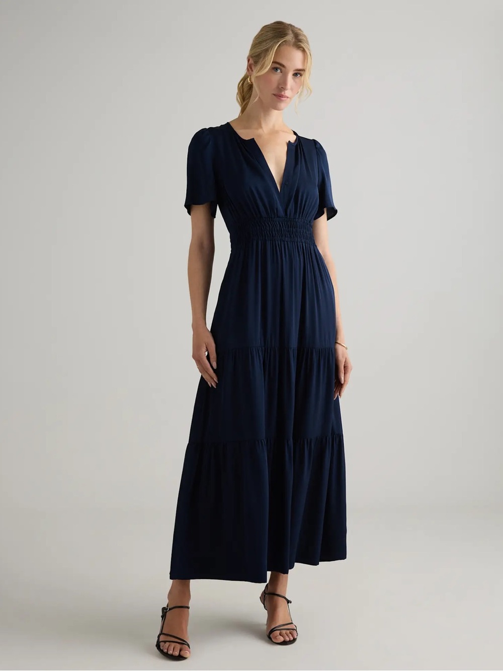 Quince Washable Stretch Silk Tiered Maxi Dress Navy Silk | Size S